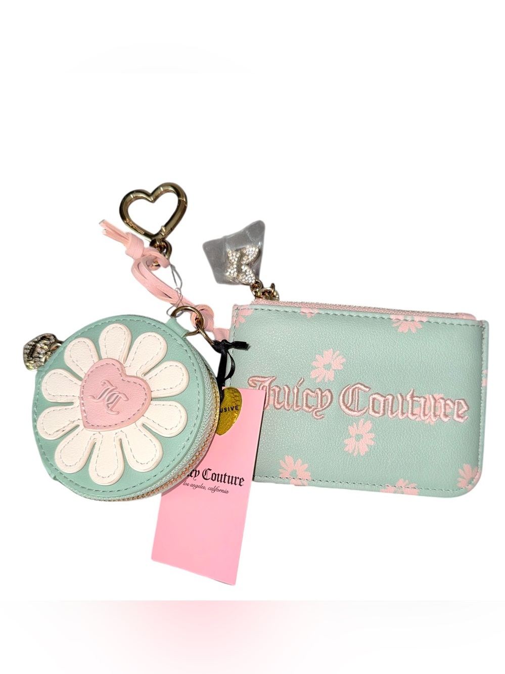 Juicy Couture Mint, Pink & White Daisy Coin Purse with Card Holder